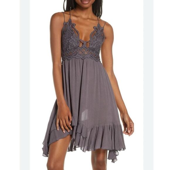 Free People L112316 Womens Dark Grey Adella Frilled Chemise Dress Size Medium - Picture 2 of 11